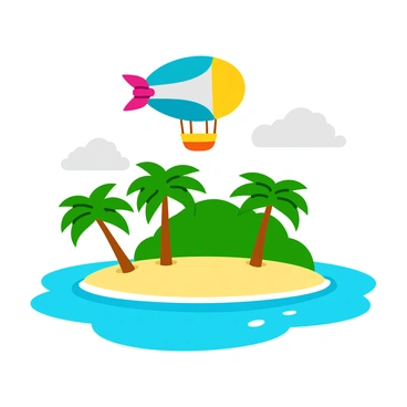 An airship floats gracefully above a tropical island. The island is surrounded by crystal-clear waters that shimmer in shades of turquoise and blue. Lush palm trees dot the landscape, swaying gently in a light breeze. The airship features a large, oval-shaped balloon with vibrant colors and a streamlined body, casting a subtle shadow on the sandy beach below. White clouds drift lazily in the bright blue sky, completing the serene scene.