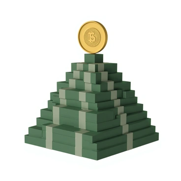 A mountain composed of numerous rising stacks of cash, creating a textured and multi-layered landscape. Each stack varies in height and is bundled securely with rubber bands. The stacks are made of crisp banknotes featuring various denominations, all meticulously arranged to form the mountain's slopes. At the summit of this cash mountain, there is a large, shiny golden coin, reflecting light and featuring intricate engravings. The scene captures the contrast between the green of the cash and the bright gold of the coin at the peak.