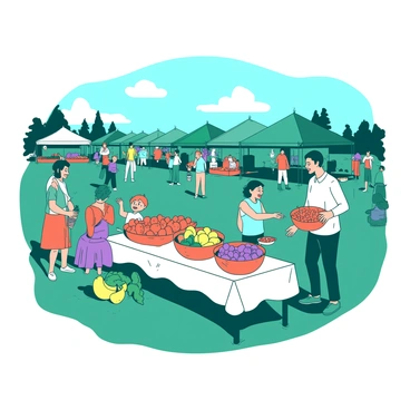 A teal farmers' market is set up in a green field under a clear sky. Colorful tents are arranged in rows, displaying fresh local produce like red tomatoes, yellow peppers, and purple eggplants. Happy customers of various ages are browsing the stalls, some holding orange baskets filled with fruits and vegetables. A white table is set up at one stall, where a vendor is cheerfully offering samples of fresh berries to a delighted child. The scene conveys a lively atmosphere of community and abundance.