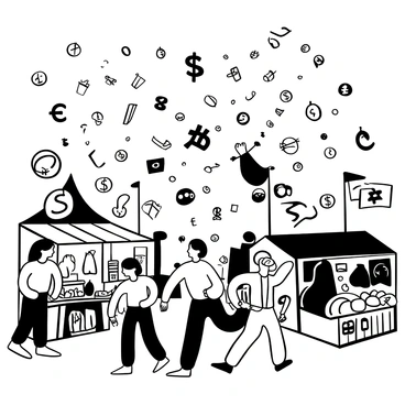 A bustling marketplace filled with various currency symbols floating in the air. The symbols appear to be in conflict, clashing against each other like soldiers in a battlefield. Stalls are set up around the marketplace, displaying goods such as fruits, textiles, and trinkets. People are depicted walking through the marketplace, some looking up at the chaotic scene of symbols colliding. In the background, banners with different currency logos are waving, adding to the lively atmosphere of the market.