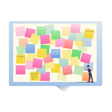 A wall is covered in a mosaic of sticky notes forming a vibrant and colorful pattern. The sticky notes are in various shades of pink, yellow, green, blue, and orange, arranged in a grid-like fashion. Some notes have words written on them, while others are blank. The overall effect creates a lively and dynamic visual display. The wall surface is a plain white to enhance the brightness of the sticky notes. A few notes are slightly askew, adding a sense of movement to the scene.