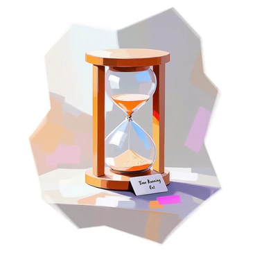 An hourglass with a wooden frame rests on a flat surface. The top chamber is nearly empty, with only a small amount of fine sand remaining, while the bottom chamber is filled with a substantial amount of sand. The title "Time Running Out" is elegantly inscribed on a small plaque attached to the base of the hourglass. A soft light illuminates the hourglass, creating gentle shadows that enhance its shape. The background is simple, allowing the focus to remain on the hourglass and its contents.