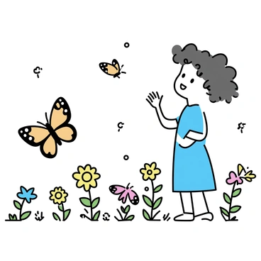 A young child with curly brown hair is standing in a vibrant garden filled with colorful butterflies fluttering around. The child is wearing a light blue dress and has an expression of wonder on their face. They are reaching out with one hand, fingers stretched, towards a butterfly that has landed nearby, its wings displaying a vivid combination of orange and black patterns. The garden is filled with various flowers, including sunflowers and daisies, creating a lively backdrop.