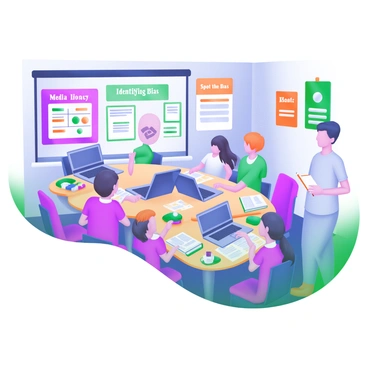 A modern pastel illustration depicting a vibrant classroom filled with students actively participating in learning about spotting media bias. The classroom features colorful posters on the walls that display phrases like "Media Literacy" and "Spot the Bias." Several students are gathered around a round table, engaged in a group activity with laptops and printed materials, analyzing news articles. One student is pointing at a chart on the wall, illustrating different types of media bias, while another is writing notes in a notebook. The teacher stands at the front of the room, showing a presentation on a screen, which has a bold header stating "Identifying Bias." Desks are arranged neatly, and books, pencils, and educational games are scattered across the surfaces.