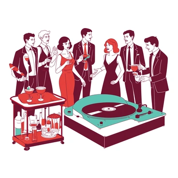 A group of elegantly dressed guests is mingling at a vintage cocktail party. Some guests are holding colorful drinks in their hands, while others are engaged in animated conversations. In the background, a large teal turntable is playing vinyl records, with the side of the record visible. The guests are surrounded by decorations featuring a mix of red and white accents, including retro napkins and colorful drink umbrellas. A stylish bar cart filled with various bottles and glassware stands nearby, complementing the festive atmosphere.