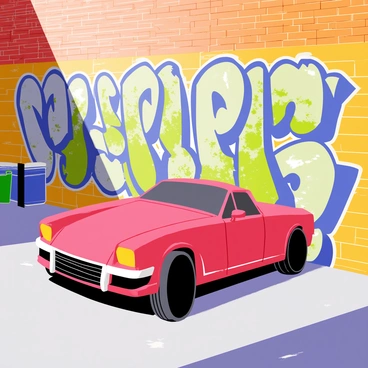 A car parked in front of a large, colorful graffiti mural in an urban alley