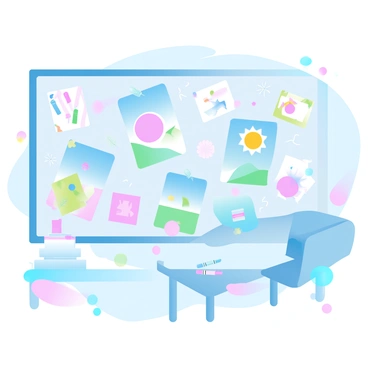 A bulletin board filled with various pieces of student artwork, showcasing vibrant colors and creative designs. Each artwork is pinned neatly to the board with colorful pushpins. The background of the bulletin board has a border of bright patterns. The classroom itself features pastel-colored walls and a few desks scattered around, adding to the lively atmosphere. Several art supplies, like crayons and markers, are visible on a nearby table, enhancing the theme of creativity.
