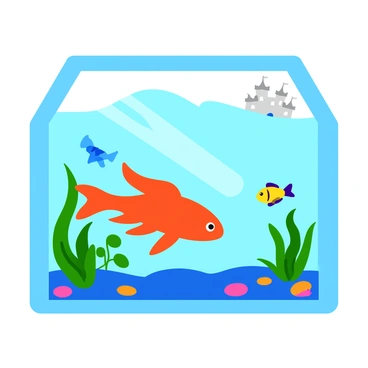 A vibrant fish tank scene with a clear glass structure, filled with water and a variety of colorful aquatic plants. The centerpiece is a bright orange-red fish with flowing fins, swimming gracefully in the center of the tank. Surrounding the fish are small pebbles on the bottom, and other fish of various colors, including blue and yellow, are visible in the background. Sunlight streams in through the top, creating shimmering reflections on the water's surface. A small, decorative castle is placed in one corner of the tank, adding an element of whimsy to the scene.