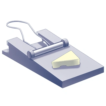 A simple wooden mousetrap is positioned on a flat surface. The trap features a traditional design, with a spring-loaded mechanism and a metal snap. A small piece of cheese is placed in the center of the trap, carefully balancing on the bait platform. The surrounding area is clear, allowing for focus on the mousetrap and its bait. The overall composition emphasizes the functionality of the trap and the enticing nature of the cheese.