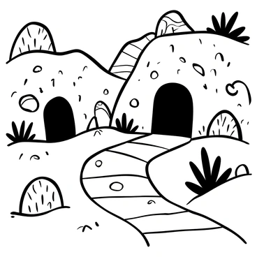 A narrow, ancient stone pathway winding through a rugged landscape, flanked by weathered rocks and sparse vegetation. The pathway leads toward an empty tomb nestled into the rocky hillside, its entrance partially obscured by overgrown plants. Shadows cast by the surrounding rocks create a dramatic effect on the pathway. The tomb features an arched entrance, partially covered with moss and lichen, suggesting age and abandonment. The atmosphere is still and quiet, with the texture of the stones and the roughness of the hillside emphasized.