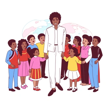 A white Michael Jackson is standing in the center, holding hands with children of diverse backgrounds from around the world. The children are wearing traditional clothing that represents their cultures, showcasing a vibrant array of colors. Each child has a joyful expression, symbolizing unity and happiness. The scene captures the essence of togetherness, with the children forming a circle around Michael Jackson, who is smiling warmly. In the background, there are soft, abstract shapes that suggest a global atmosphere while maintaining focus on the figures in the foreground.