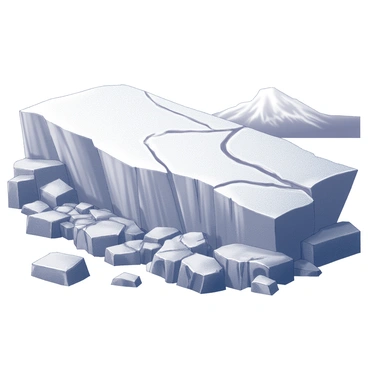 A large glacier occupies the foreground, its surface textured with crevasses and ridges. The glacier extends across a rugged landscape dotted with various sized rocks and boulders, showcasing the underlying lithosphere. The rocky terrain features a mix of jagged cliffs and smooth stones, emphasizing the contrast between the ice and the earth below. In the background, a distant mountain range looms, partially obscured by a layer of mist. The scene captures the slow movement of the glacier as it interacts with the solid ground beneath it.