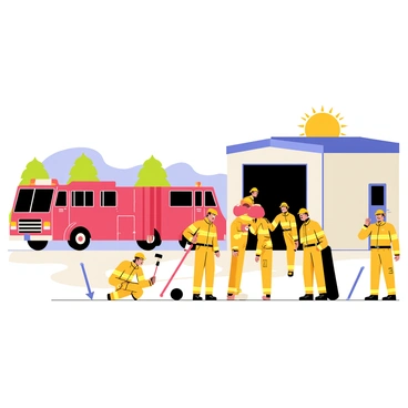 A bustling fire station featuring red fire trucks lined up outside. Firefighters in bright yellow uniforms are actively preparing their equipment. Some firefighters are checking hoses while others are inspecting their gear. The station has a large bay door open, revealing the shiny trucks inside. Various firefighting tools, like axes and helmets, are scattered around the area. The sun shines down on the scene, highlighting the urgency and readiness of the firefighters. In the background, there are trees and a clear blue sky.