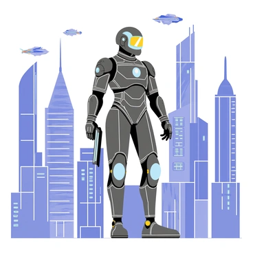 A hero named "Jo" is standing confidently in a sleek, futuristic armor that features a combination of metallic gray and glowing blue accents. The armor is form-fitting, showcasing a high-tech design with intricate patterns and a helmet that has a visor reflecting the lights of the advanced city around. In the background, tall skyscrapers with shimmering surfaces and bright neon lights stretch into the sky. Various flying vehicles zip through the air, adding to the bustling atmosphere of the city. Jo holds a high-tech weapon in one hand, poised and ready to embark on a mission.