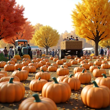 An autumn festival set with pumpkin patches, hayrides, and trees displaying vibrant fall colors