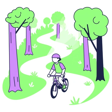 A child with short hair is riding a bike along a winding trail in a forest. The child is wearing a bright helmet and colorful clothing. The bike has two wheels and a small frame. On either side of the trail, tall trees create a lush canopy, with leaves extending outward. Sunlight filters through the branches, casting dappled shadows on the ground. The trail curves gently, leading deeper into the forest, while patches of greenery and small plants are visible beside the path.
