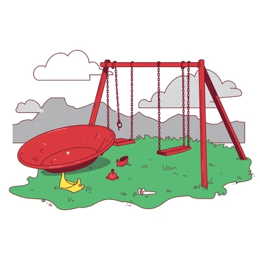 A red playground is visible, featuring rusting swings that creak softly in the breeze. The swings hang motionless, their chains showing signs of wear and rust. The ground is covered with overgrown green grass, which has spread over previously defined pathways. In the background, the sky is filled with gray clouds, casting a muted light over the scene. Scattered around the playground are faded yellow pieces of equipment, hinting at a once lively atmosphere now replaced by silence.