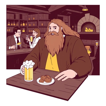 A large, friendly half-giant named Hagrid is sitting at a rustic wooden table in the dimly lit Three Broomsticks pub. He is holding a frothy mug of butterbeer, with a thick layer of foam spilling over the rim. Hagrid's long, tangled hair and beard are slightly disheveled, and he is wearing a warm, brown coat that fits him snugly. Surrounding him are other patrons enjoying their drinks and laughter, with wooden beams and a stone fireplace creating a cozy atmosphere. On the table next to him, there is a small plate with a few freshly baked pastries. The background features shelves lined with various bottles and jars, filling the space with a sense of wizarding charm.