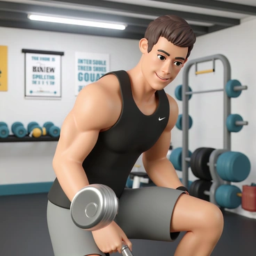 A man, wearing a black tank top and gray athletic shorts, is performing dumbbell rows in a garage gym setup. He has short brown hair and is focused as he bends forward at the hips, one knee resting on a bench for support. In his right hand, he holds a shiny silver dumbbell, pulling it up toward his chest. The garage is filled with exercise equipment, such as a weight bench, a rack of dumbbells, and a squat rack in the background. The walls are lined with posters of fitness tips and motivational quotes. Bright overhead lights illuminate the space, creating a vibrant atmosphere.