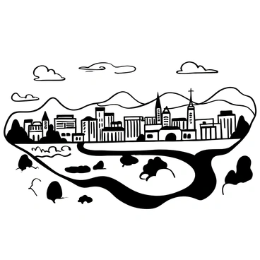 A panoramic view of a cityscape with various buildings, towers, and structures visible in the foreground. The view includes a winding river flowing through the landscape. In the distance, the horizon is lined with hills and trees. The sky above features a mix of clouds and open space. The scene is set from a height, providing a clear perspective of the city and natural surroundings below.