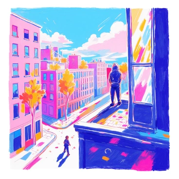 A scene unfolds featuring a lone figure standing on a desolate urban rooftop, with crumbling buildings in the background. The figure is dressed in dark clothing, with a hood pulled over their head, gazing out at a cloudy sky. To the side, a shattered window reveals fragments of glass reflecting light. Below, the city streets are empty, littered with debris. In the distance, a faint silhouette of a person can be seen walking away, symbolizing loss. Surrounding the scene, swirling winds create movement in the air, adding to the dramatic atmosphere. The overall composition captures a sense of struggle and introspection.