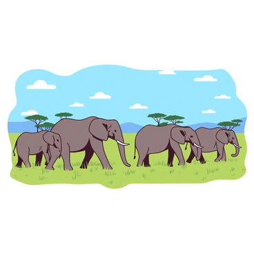 A group of large elephants is walking in a line across a wide, open African plain. The elephants are various shades but predominantly a rich gray color, with some displaying lighter tones on their ears and trunks. The grass is tall and green, swaying slightly in the breeze as the elephants move. In the background, there are distant silhouettes of acacia trees under a bright blue sky with a few puffy white clouds scattered throughout. The scene captures the grandeur and natural beauty of the elephants in their habitat.