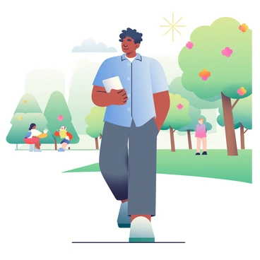 An entrepreneur with medium skin is walking through a park, holding a notepad in their left hand. They are wearing a light blue button-up shirt and dark gray trousers. Their short, curly hair is slightly tousled by the breeze. The park has green grass and a variety of trees in the background, some with colorful flowers blooming. The entrepreneur is focused, looking around as if searching for inspiration, and there are a few people in the distance enjoying the park. A soft sunlight filters through the leaves above, casting gentle shadows on the ground.