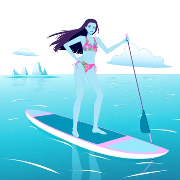 A young anime girl with big, expressive eyes and long, flowing hair is paddle boarding on a calm ocean. She is wearing a vibrant, colorful swimsuit adorned with floral patterns. The water is a deep blue, with gentle ripples reflecting the sunlight. The girl is standing confidently on her paddle board, with one hand balancing herself while the other is reaching out to touch the water. In the background, there are faint silhouettes of distant islands and a clear blue sky with fluffy white clouds.