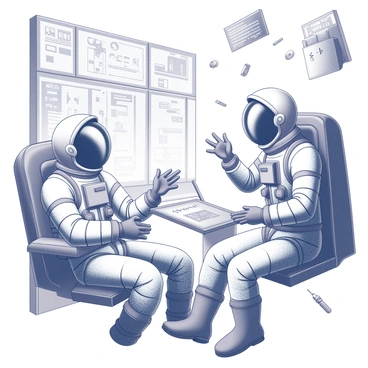 Two astronauts inside a space station are engaged in a discussion about the formula for rocket propulsion. They are both wearing standard space suits with helmets reflecting the interior of the station. One astronaut is holding a tablet displaying complex diagrams and equations. The other astronaut is gesturing with one hand, while the other hand is touching the surface of the station's control panel. Various tools and equipment are floating around them due to the lack of gravity, creating a dynamic and immersive environment. The walls of the space station are lined with screens showing data and readouts.