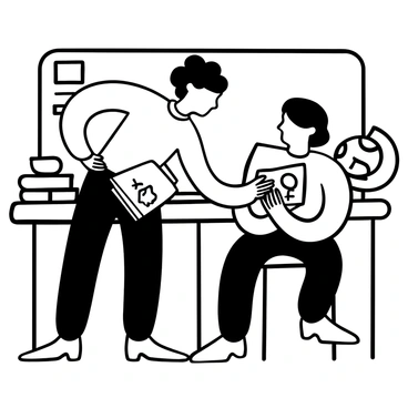 A classroom setting with a teacher leaning down towards a child sitting on a chair. The teacher has an open book resting on their lap and is gently placing a hand on the child's shoulder, conveying support. The child holds a piece of paper with drawings depicting a dark forest and a winding path. The surroundings include a chalkboard with various educational materials and a globe on a desk in the background. The atmosphere suggests a moment of connection and understanding between the teacher and the child.