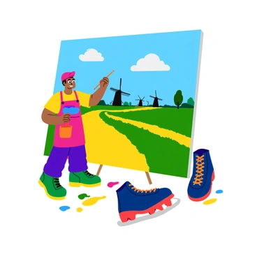 An artist wearing a colorful smock is painting a large mural that depicts a Dutch landscape, complete with windmills and tulip fields. The mural is being painted on a pair of vibrant roller skates. The artist is focused, holding a paintbrush in one hand, while splashes of paint in various colors are scattered around. The background features a bright blue sky with fluffy white clouds, and the rich greens and yellows of the landscape provide a striking contrast. The roller skates are positioned prominently, showcasing the detailed artwork of the Dutch scenery.