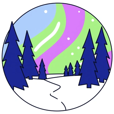 A snow-covered forest with tall pine trees is illuminated by the northern lights. The sky above is filled with vivid colors of green, purple, and blue, all swirling and dancing. The forest floor is blanketed in white snow, reflecting the colorful lights. The trees stand tall and dark against the bright display in the sky.