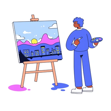 An artist stands in front of a large canvas with a wooden easel. The canvas depicts vibrant scenes that shift and transform as the artist paints. One area shows a vast landscape with mountains under a bright blue sky, while another part illustrates a bustling city at dusk with glowing lights. The artist holds a paintbrush in one hand and a palette in the other, intently focused on the evolving images. Paint splatters adorn the floor around the easel, and the atmosphere is filled with the energy of creation.