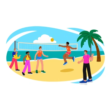 A group of five friends engaged in a game of beach volleyball. Two players are leaping to hit the ball, while another player is waiting on the sand below. One friend is standing by the net, cheering enthusiastically. The background features tall palm trees swaying gently in the breeze, and the vibrant turquoise water glistens under the sun, adding a tropical feel to the scene. The sandy beach is bright and the sky above is clear with a few fluffy clouds.
