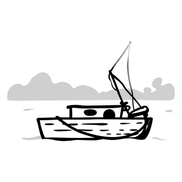 A fishing barge with a weathered texture, partially obscured by thick fog, rests quietly on the water. The outlines of fishing gear and nets are faintly discernible on the deck. The surface of the water is calm, with gentle ripples reflecting the muted surroundings. In the background, indistinct shapes of distant trees and land can be seen, shrouded in the mist. The atmosphere evokes a sense of early morning tranquility.