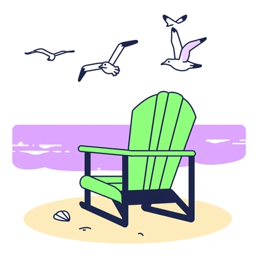 An Adirondack chair facing the ocean, with seagulls flying above.