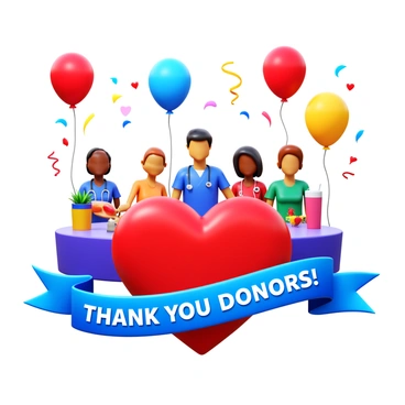 A 3D icon depicting a vibrant scene of a cheerful event celebrating successful blood donations. Colorful balloons in red, blue, and yellow are floating in the air. In the foreground, a large heart symbol is surrounded by a banner that reads "Thank You Donors!" The background features smiling donors and healthcare workers, all wearing festive attire. A table is set up with refreshments, and there are additional decorations like streamers and confetti scattered around.