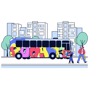 A shuttle bus with a sleek, modern design, covered in bright, colorful urban graffiti art. The graffiti features a mix of bold letters and vibrant abstract shapes in shades of red, blue, yellow, and green. The bus has large windows and is parked on a city street, surrounded by tall buildings. The street is lined with trees, and a few pedestrians are walking nearby, taking in the lively atmosphere.