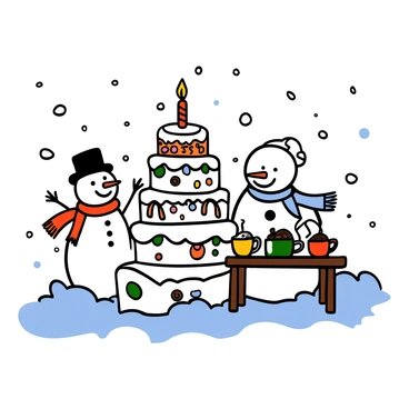 A winter birthday party scene is depicted with fluffy white snow covering the ground. There are two cheerful snowmen, one wearing a bright red scarf and a black top hat, the other with a blue scarf and a carrot nose. In the center of the image, there is a large, creatively designed cake made entirely of snow, shaped like a traditional birthday cake with layers and colorful decorations made from edible items like candy canes and gummy bears. A table nearby is set with steaming mugs of hot cocoa, topped with whipped cream and chocolate shavings. The atmosphere conveys a festive celebration with snow gently falling in the background.