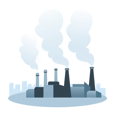 A series of factory chimneys are emitting thick plumes of smoke, which rise into the grey sky above. The factories are constructed of dark, industrial materials, giving a rugged appearance. The ground below is covered in a muted color palette, reflecting the overall somber atmosphere. The smoke appears dense and swirling, creating a stark contrast against the flat horizon. In the background, silhouettes of additional industrial structures can be seen, contributing to the overall composition of the scene.
