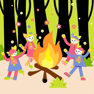 A group of small, whimsical forest spirits, each with bright colors and distinct features, is gathered around a lively bonfire. The spirits have leaf-like wings and are adorned with flowers. They are dancing joyfully with outstretched arms. The bonfire is vibrant with flickering orange and yellow flames, sending warm light into the surrounding dark green trees. Glowing orbs of light float gently around, illuminating the scene and adding a magical atmosphere to the playful gathering of spirits.