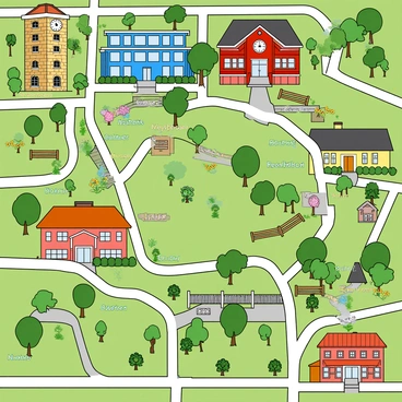 A colorful community map showing local landmarks, parks, and neighborhoods.