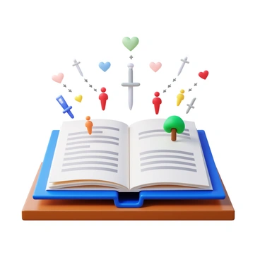 A book with an open cover, displaying pages that are slightly turned. From the pages, various key themes emerge visually, represented by symbols such as a heart for love, a sword for conflict, and a tree for growth. Character relationships are depicted as silhouettes of people, connected by lines or arrows that illustrate their interactions and connections. The book rests on a wooden table, with a soft light illuminating the scene, emphasizing the details of the pages and the symbols emerging from them.