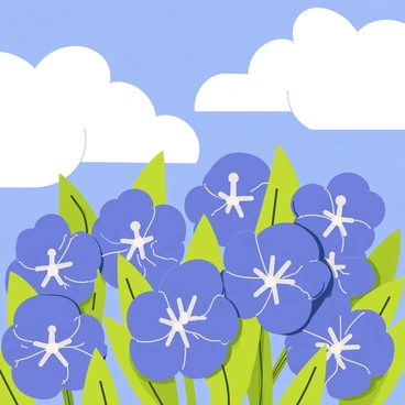 A close-up view of vibrant bluebonnet flowers with rich blue petals. The flowers are clustered closely together, showcasing their intricate details and green leaves. In the background, a bright blue sky fills the top of the image, creating a striking contrast with the bluebonnets. Fluffy white clouds are scattered across the sky, adding texture to the scene.