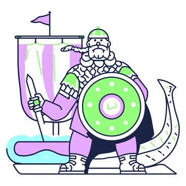 A fierce Viking warrior is standing on the deck of a longship, gripping a sword in his right hand and a shield in his left. He has a scowl on his face, showcasing his determination. His braided hair flows in the wind, and he is wearing a chainmail shirt reinforced with leather. The ship's sail is furled, revealing intricate designs. In the background, the sea stretches out, with waves gently lapping against the hull of the ship. The warrior's armor is adorned with runes, and his shield bears a large emblem in the center.