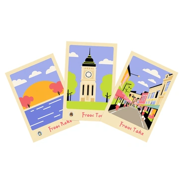 A set of illustrated postcards displaying various scenic views and local landmarks. One postcard features a vibrant sunset over a serene lake, with silhouettes of trees on the shoreline. Another postcard showcases a historic clock tower, surrounded by blooming flowers and a clear blue sky. A third postcard depicts a bustling city street filled with charming cafes and colorful awnings. Each postcard has a decorative border and the phrase "Free to Take" prominently displayed in bold letters. The overall collection is designed to entice visitors and celebrate local culture.