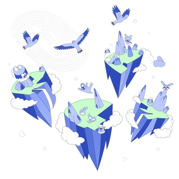 A scene depicting floating islands in the sky, each island featuring lush greenery and jagged cliffs. There are various fantastical creatures flying around, including large birds with intricate wing patterns and small, agile beings darting between the islands. Clouds surround the bases of the islands, adding to the ethereal atmosphere. The sky is filled with swirling patterns, suggesting depth and movement. Each island has unique features, such as cascading waterfalls and vibrant vegetation. The creatures are engaged in playful interactions, enhancing the dynamic feel of the scene.
