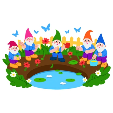 A group of five playful gnomes with colorful hats and mischievous smiles is tending to a vibrant garden. The gnomes are watering flowers with bright red and blue hues, while others are planting seeds in the rich, dark soil. In the center of the scene is a small pond, reflecting the clear blue sky, with lily pads floating on its surface and delicate white flowers blooming around the edges. Various butterflies flutter above the flowers, adding splashes of color to the lively atmosphere. The garden is surrounded by lush green plants and a wooden fence in the background.
