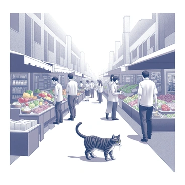 A busy Japanese street market filled with various stalls. Each stall displays an array of colorful goods such as fruits, vegetables, and handmade crafts. People are seen interacting, browsing items, and engaging in lively conversations. In the foreground, a curious cat is exploring the market. It has distinct fur patterns, and its posture suggests curiosity as it sniffs at the products on one of the stalls. The setting captures the vibrant atmosphere of the market with people and goods all around.