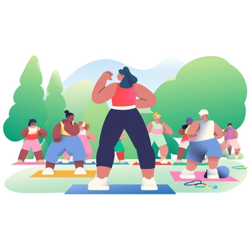 A fitness instructor with dark hair tied in a ponytail is leading a fitness class in an open park. The instructor is wearing a bright red tank top and black leggings. In front of the instructor, a diverse group of participants, including individuals with various skin tones and hair types, are following along with exercises. They are spread out on colorful yoga mats, and some are doing jumping jacks while others are stretching. Surrounding the class, tall green trees provide a natural backdrop, and the grass is a vibrant shade of green under a clear blue sky. A few colorful exercise bands are lying on the ground nearby, adding to the lively atmosphere of the class.